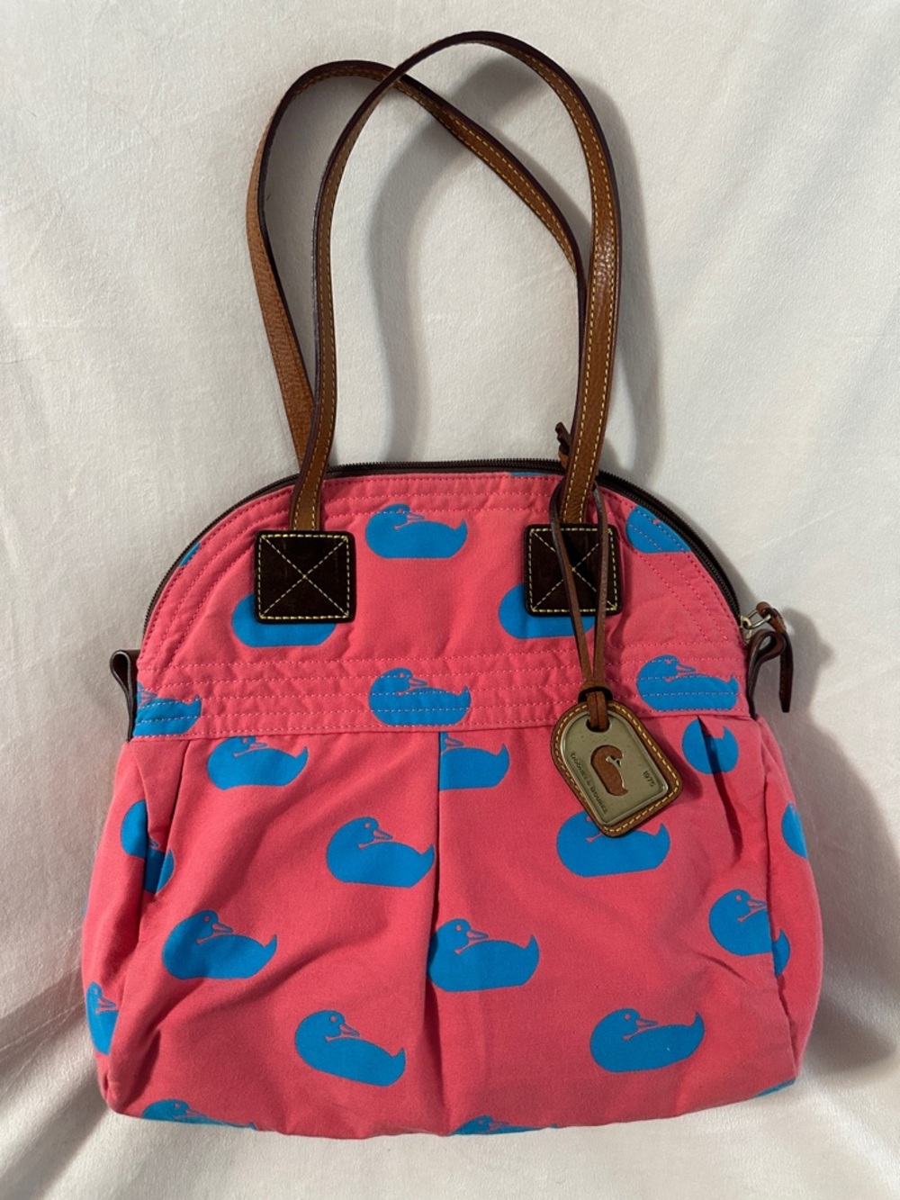 Dooney & Bourke Pink Tote with Blue Duck Print and Brown Handles